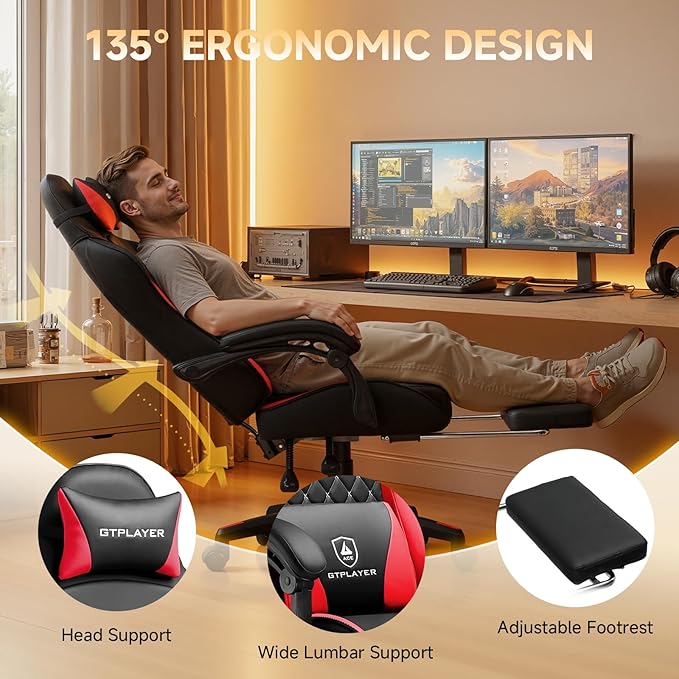 GTPLAYER Gaming Chair High Back Leather Computer Gaming Chair with Footrest Ergonomic Height Adjustable Office Chair with Removable Cover and Lumbar Support for Gaming and Work (Red)