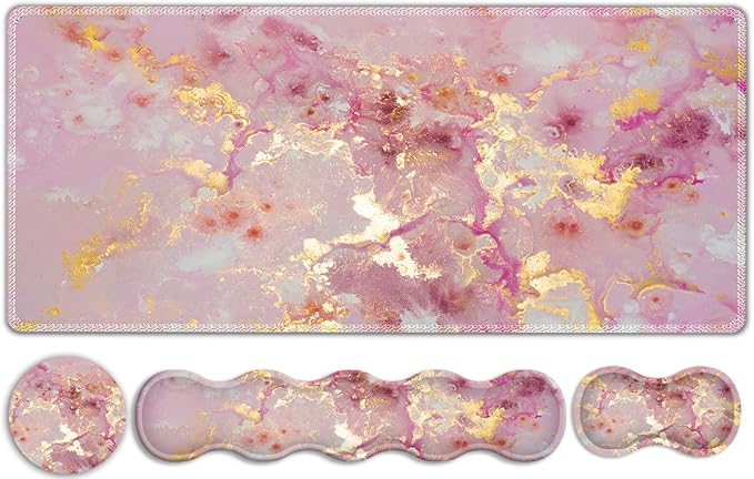 Gaming Mouse Pad Keyboard Wrist Support 4 in1 Mousepad Set with Wrist Keyboard Rest Computer Desk Mat Non-Slip Desk Pad Protector with Memory Foam Easy Typing Pain Relief I Nice Pink Marble