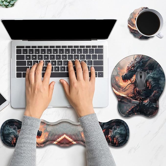 Keyboard Wrist Rest and Mouse Pad Wrist Support with Lace-Shaped Coaster Set Ergonomic Gel Memory Foam and Anti-Slip Base Easy Typing and Pain Relief - Draco Warrior
