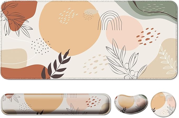 Keyboard Wrist Rest + Mouse Pad with Wrist Support + Desk Mat + Coaster 4 in 1 Set XXL Large Gaming Mousepad Cute Ergonomic Mouse Pads for Desk Computer Laptop Office Decor-Boho Leaves