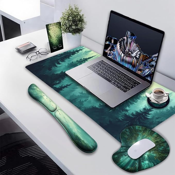 AQQA Desk Pad and Keyboard Wrist RestLarge Mouse Pad + Keyboard Pad+Mouse Wrist Support+Coaster +Mobile Phone Holder Non-Slip Desk Mat Protector for Office Home(31.5×15.7 InchesForest Tree)