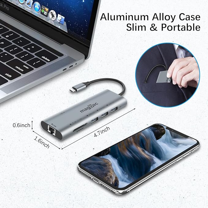 MagBac Laptop Docking Station 7-in-1 USB Hub with 4K@30Hz HDMI Display Port 3 USB A 3.0 Data Ports SD/TF Card Slot Gigabit Ethernet for MacBook Pro/Air HP Dell Lenovo Surface Windows Laptop