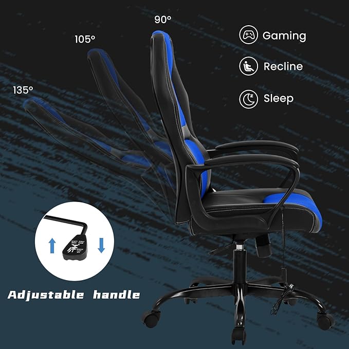 High-Back Racing Gaming Chair with Massage Lumbar Support - Ergonomic Adjustable Swivel - Black PU Leather - Perfect for Home Office or Gaming (Blue)