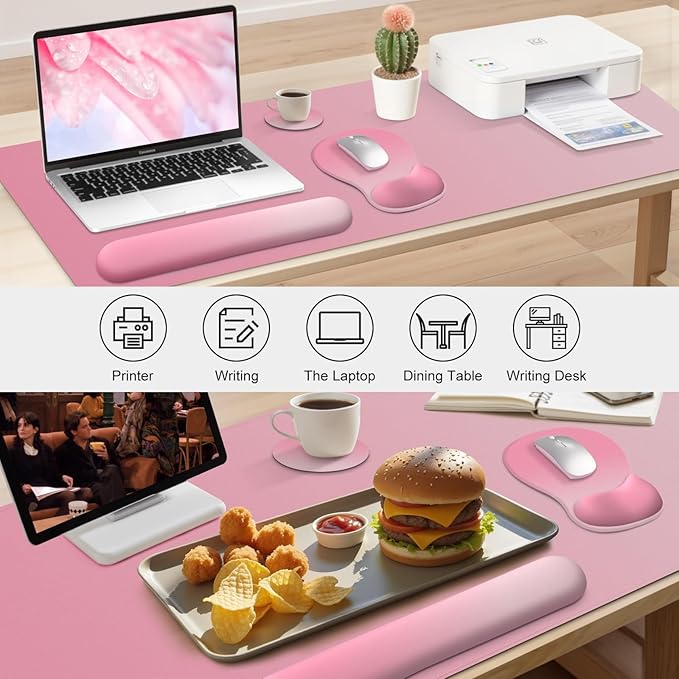 4-in-1 Large Gaming Mouse Pad Keyboard Wrist Rest Pad &amp Wrist Support Mousepad Set Extended Desk Pad Waterproof Desk Mat for Home Office Decor Study Game 35.4×15.7 Inches I Gradient Pink Blush