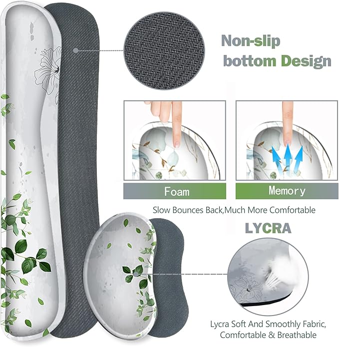 ARTSO Gaming Mouse Pad Wrist Support Set XXL Large Desk Mat Mousepad + Keyboard Wrist Support+ Mouse Wrist Rest+Coaster 4in1 Ergonomic Memory Foam -Green Leaves and Line Flower