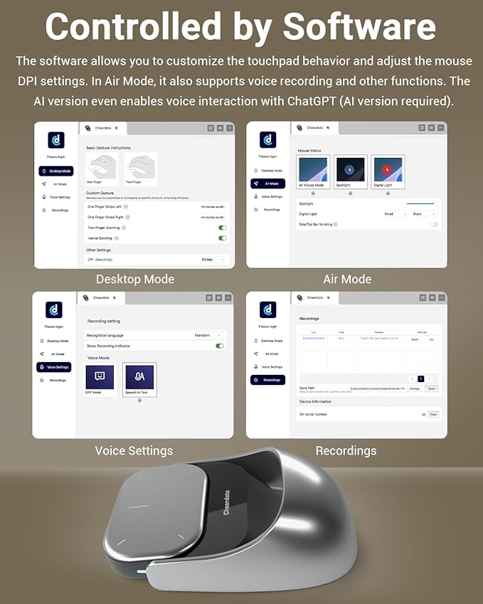 Cheerdots2 Recording Touchpad Bluetooth Mouse Presentation Mode Magnetic Detachable Design Smart Software Control Portable for Meetings &amp Work Intelligent Audio Recording &amp Saving(Voice R