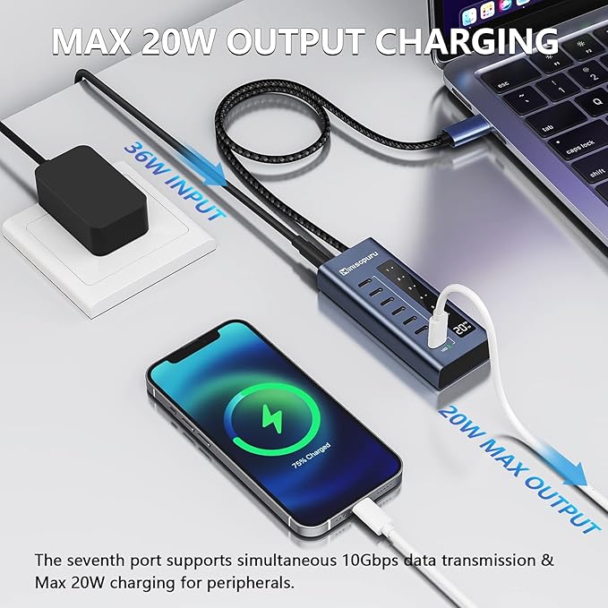 Minisopuru Powered USB C Hub 7 in 1 USB-C Hub Support 10Gbps Data &amp 20W Charging USBC Hub Powered Multiport Adapter for MacBook Pro/Air iMaciPad Phone Surface Dell etc.(Not Support Video)