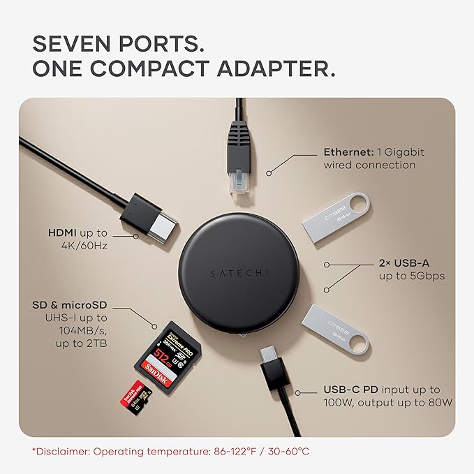 Satechi OntheGo™ 7-in-1 USB-C Hub Compact Magnetic Multiport Adapter 100W PD HDMI 4K/60Hz Gigabit Ethernet 2×USB-A 5Gbps SD/microSD Reader Coiled Cable for Mac &amp Windows – Space Black