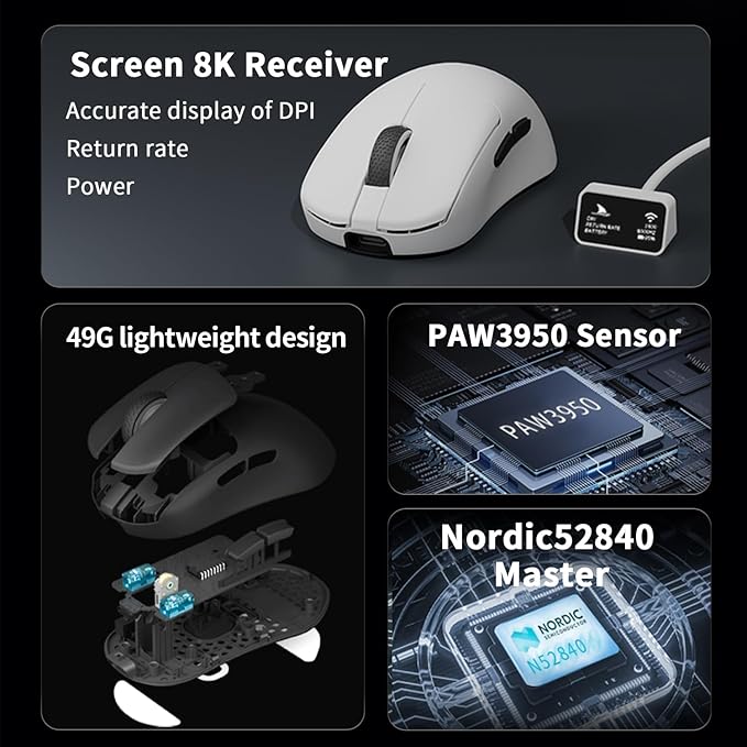 Darmoshark N7MAX Wireless Gaming MouseTri-Mode 8K/USB-C/BluetoothUp to 30000DPIPAW3950 Optical Sensor Lightweight 49g5 programmable ButtonComputer Mouse for LaptopPCMac(Purple)