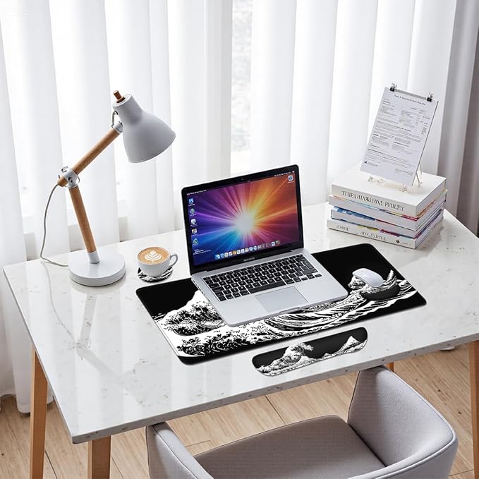 Wave Mouse Pad Set Japanese Black White Mount Fuji Kanagawa Gaming Mousepad 4in1 Desk Mat for Desktop Anti-Slip XXL Big Computer Ergonomic Mousepad with Wrist Support for Keyboard and Mouse
