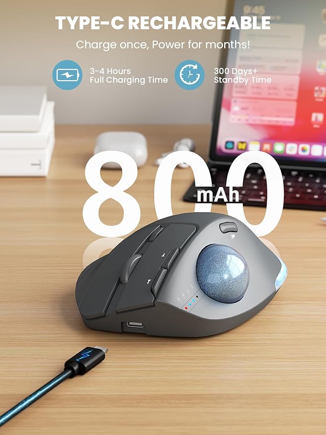 MAM1 Pro Wireless Trackball Mouse Ergonomic Bluetooth Rechargeable Computer Mouse Backlit Rollerball Thumb mice with 5 Level DPI Adjustable Angle 3 Devices Connection for PC Windows - Gray Mouse