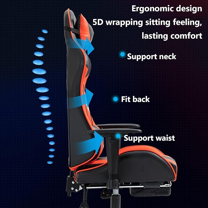 Gaming Chair Computer Chair with Footrest and Lumbar Support Height Adjustable Office Chair High-back Ergonomic Video Game Chairs with Swivel Seat and Headrest for Office Or GamingOne Size Black