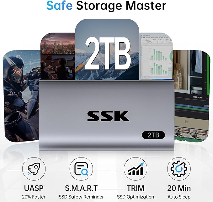 SSK 2TB SSD External Hard Drive Portable SSD Up to 550MB/s Fast Solid State Drives External Drive USB 3.2 Gen2 SSD for iPhone 15/Pro Windows Mac Android with LED Light Trim SMART Supported