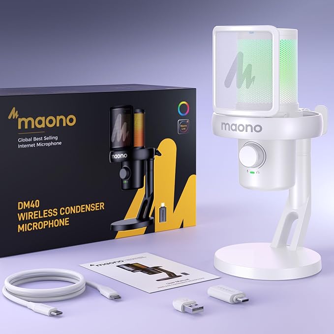 MAONO Wireless Gaming Microphone USB Condenser Mic with Software Noise Cancellation AI Voice Changer RGB Lights Mute Gain for Streaming Recording Podcast Computer PC Laptop DM40 White