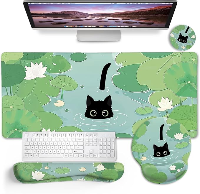 Blusabaca Mouse Pad Desk Pad Cat Lotus Leaf Desk Mat Large Gaming Mouse Pad with Wrist Rest Cute Keyboard Pad Wrist Rest Ergonomic Cup Coaster Work Home Accessories Office Supplies Decor