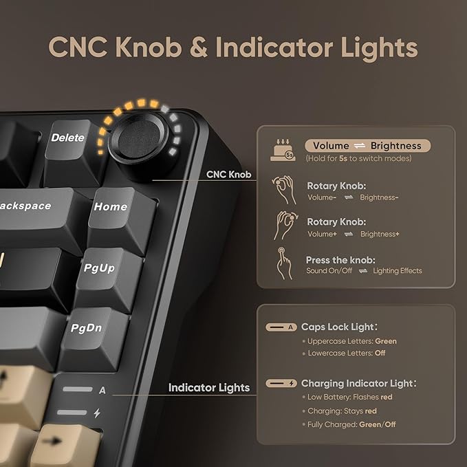 RedThunder K75 Wireless Mechanical Keyboard CNC Knob Tri-Mode BT5.0/2.4GHz/USB-C Hot Swappable Custom Pre-lubed Linear Coconut Switches Gasket Structure RGB Gaming Keyboard Black-Gold