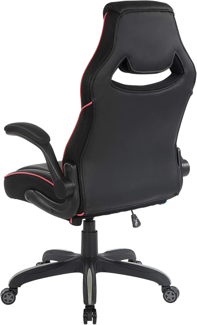OSP Home Furnishings Xeno Ergonomic Adjustable Faux Leather Gaming Chair with Integrated Headrest and Airflow Cooling Material Black with Red Accents