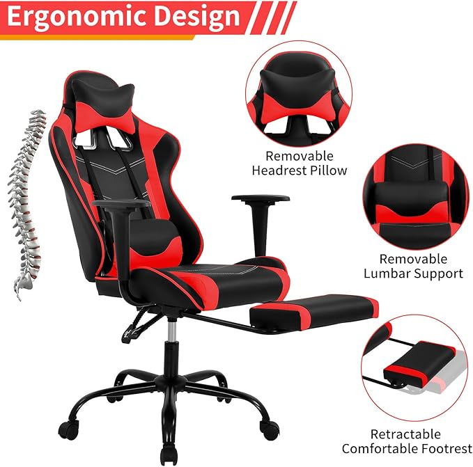 BLKMTY Gaming Chair Reclining Computer Chair with Footrest and Lumbar Support Height Adjustable Game Chairs with Swivel Seat and Headrest for Home Office or Gaming (Red)