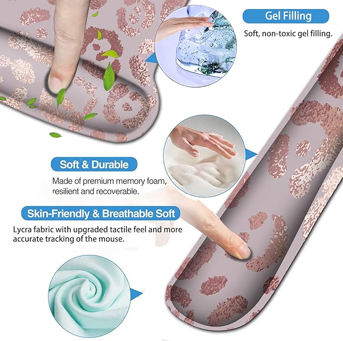 Ergonomic Mouse Pad Wrist Support and Memory Foam Keyboard Wrist Rest SetGel Mouse Mat with Non-Slip PU BaseKeyboard Palm Rest for Home Office Wireless Gaming Desk Pad Rose Gold Leopard Pink