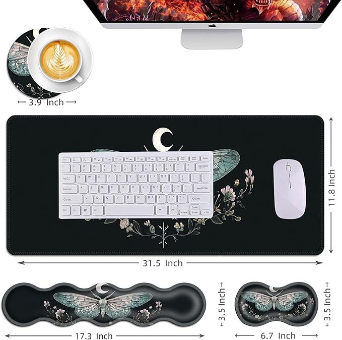 Mouse PadLarge Desk Mat Set 4in1 XL Mousepad + Keyboard Wrist Rest+Mouse Wrist Rest+Coaster with Ergonomic Desk Pad for Home Office Table Computer Cover -Moth Floral Moon