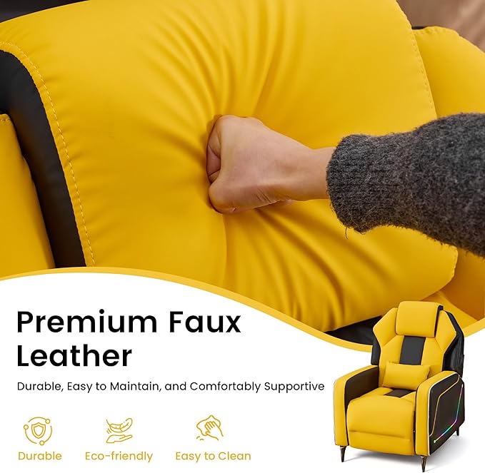 SAMERY Gaming Recliner Chair Push-Back Reclining Gaming Chair with Extended Footrest LED Light Pockets Lumbar Pillow Modern Ergonomic Recliner Sofa for Game Room Living Room (Yellow Recliner)