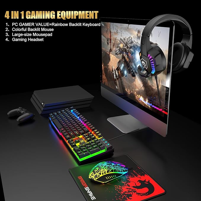 Wired Gaming Keyboard and Mouse Headset ComboRainbow LED Backlit Wired KeyboardOver Ear Headphone with MicRainbow Backlit Gaming MiceMouse Padfor PCLaptopMacPS4Xbox(Black)