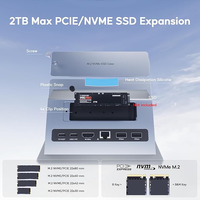 MacBook Pro Air Docking Station Vertical USB C Laptop Docking Station with M.2 SSD Slot HDMI 4K@60Hz 4 USB A/C Max 10Gbps Ethernet SD/TF PD Dock for MacBook/USB-C Win Laptops - Grey