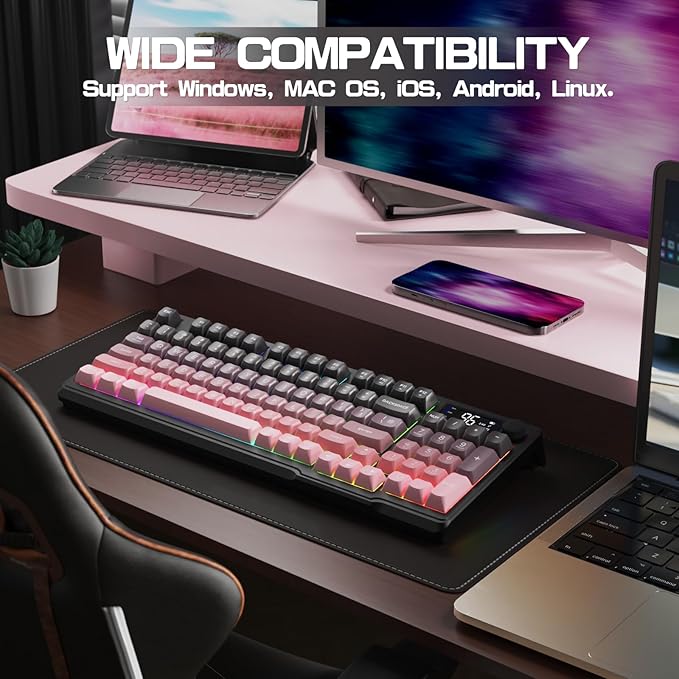 LexonElec M96 Wireless Keyboard Low Profile Quiet Typing Membrane Gaming Keyboard with Smart Display &amp Knob RGB Backlit USB C Rechargeable 94 Keys PBT Keycap for Windows PC Mac Linux-BlackBe