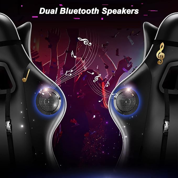 LED Gaming Chair with Speakers Massage Computer Chair Ergonomic Racing Office Chair PU Leather Recliner Swivel Gamer Chair with Lumbar Support Headrest Armrest and FootrestWhite