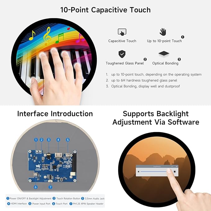 waveshare 7inch HDMI Round Capacitive Touch Display 1080 × 1080 Resolution IPS Display Panel 10-Point Touch Optical Bonding Toughened Glass Panel