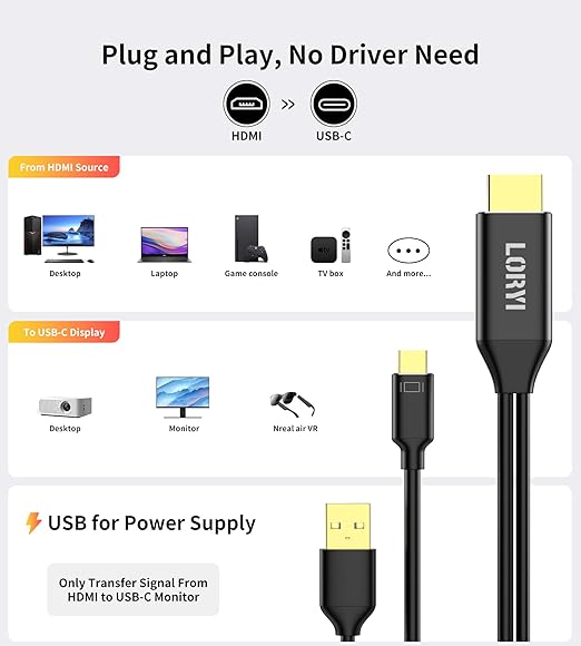 HDMI to USB-C Cable Xreal Air AR 4K@60Hz 6.6ft HDMI to Type-CUSB Powered Hdmi to USB-C Adapter Compatible for Mobile MonitorNreal Air Xreal AR Rokid air Switch Steam Deck