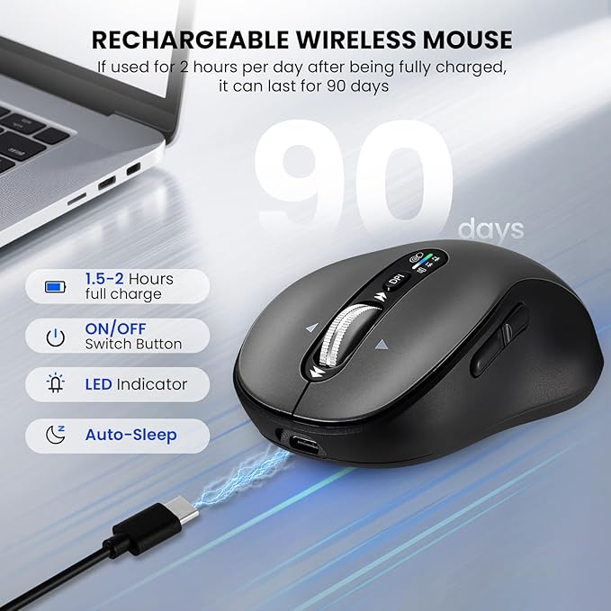 Wireless Bluetooth MouseMulti Device Ergo Computer MousesMetal 4-Way Super Scrolling± 3200 DPI10 ButtonsPlug&ampPlayQuietRechargeableUSB Cordless Mice for LaptopTabletMaciPadPCPhone (Gre