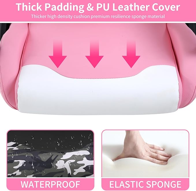Ergonomic Gaming Chair Home Office Desk Chair with Headrest and Lumbar Support for Adults Height Adjustable Computer Chairs Pu Leather 360° Swivel High-Back Pink