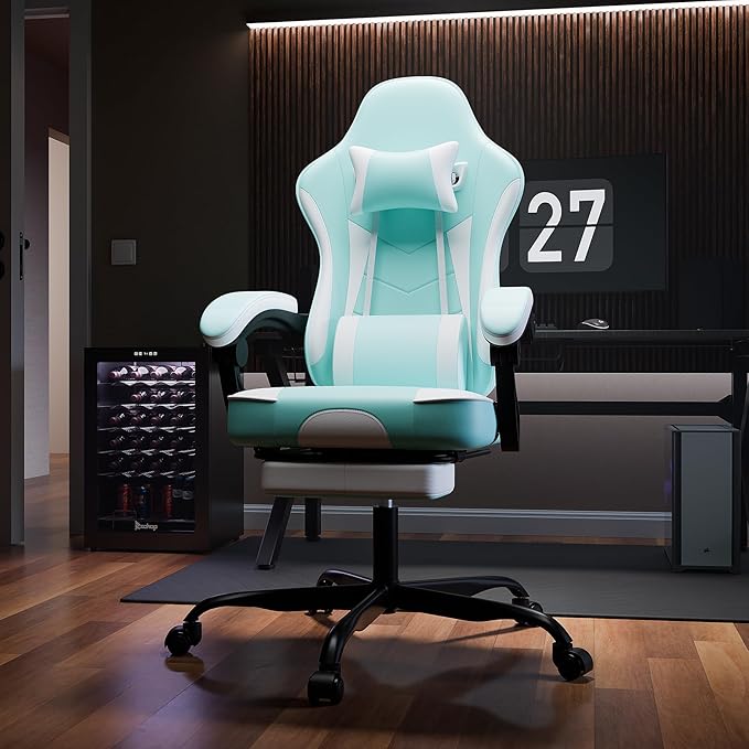 extrasleep Video Game Chairs Ergonomic Gaming Chair with Footrest Computer Chair Gaming with Massage Lumbar Support Reclining Office Chair with Height Adjustable Swivel Chairs 300lb Max Green