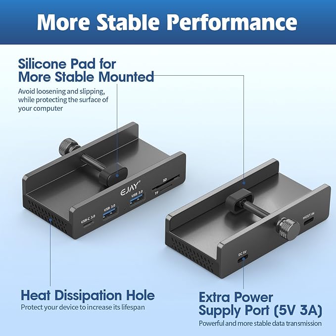 EJAY 5-Port USB 3.0 Hub with Card Reader &amp Clamp Mount 5Gbps Aluminum Docking Station for MacBook PC Dual Cable USB Adapter for Photographers Remote Workers Students Black