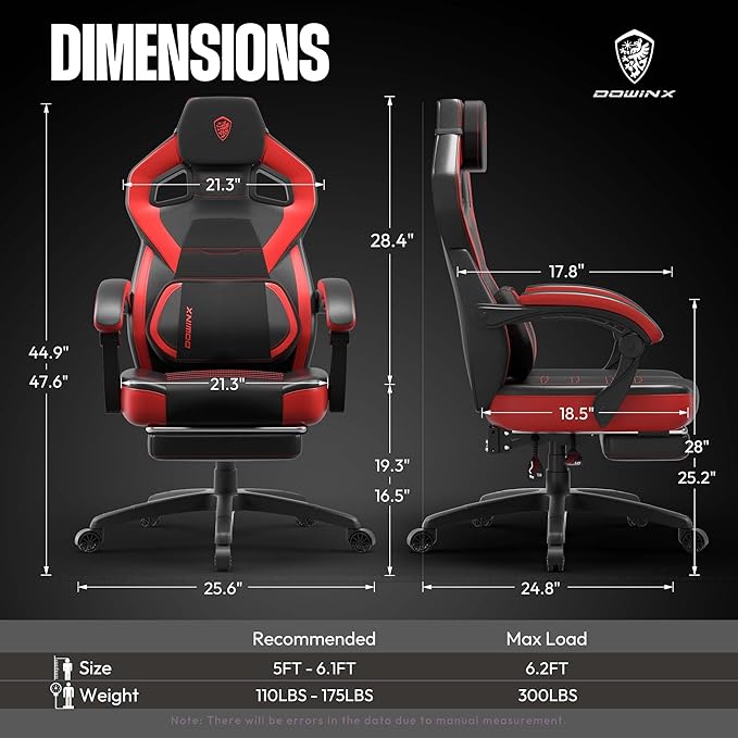 Dowinx Big and Tall Gaming Chair Red Modern High Back PU Leather Steel Frame Ergonomic Adjustable Headrest Footrest Massage Lumbar Support