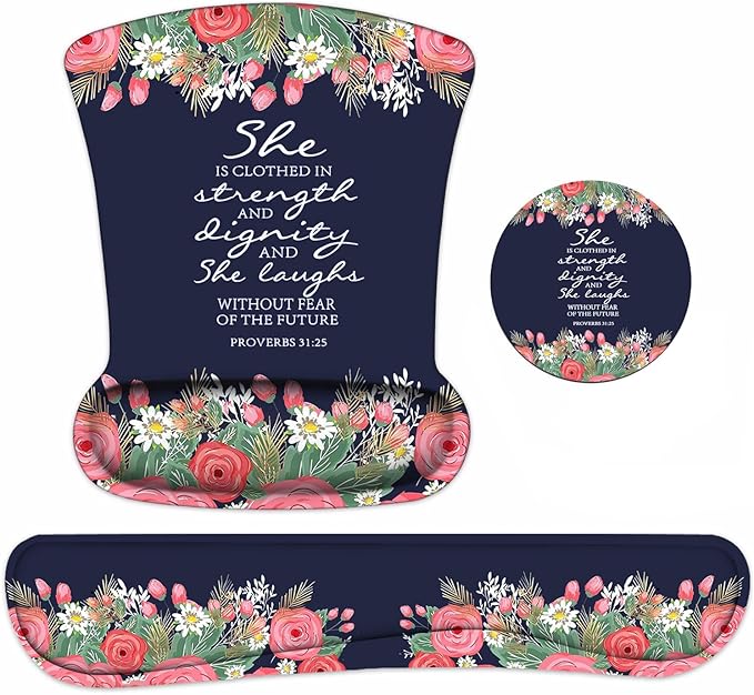 Keyboard Wrist Rest and Mouse Pad Wrist Support Set with Coasters Floral Quote Bible Verses Proverbs 31:25 Design Wrist Mouse Pad with Non-Slip PU Base for Home Office Working Studying
