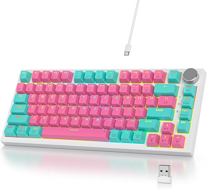 400PRO 75% Wireless Creamy Mechanical Keyboard Pink Gasket Hot Swappable RGB Gaming Keyboard Bluetooth/2.4GHz/USB-C Cute Keyboard with Pre-lubed Cream Grey Switches (82 Pink Cyan) ﻿