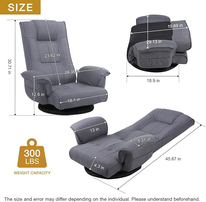 Ergonomic Swivel Floor Gaming Chair with Armrests &amp Side Pockets 6-Position Reclining Sofa Bed Foldable Padded Lounger with Thick Cushion &amp Lumbar Support for Esports Reading TV Watching (