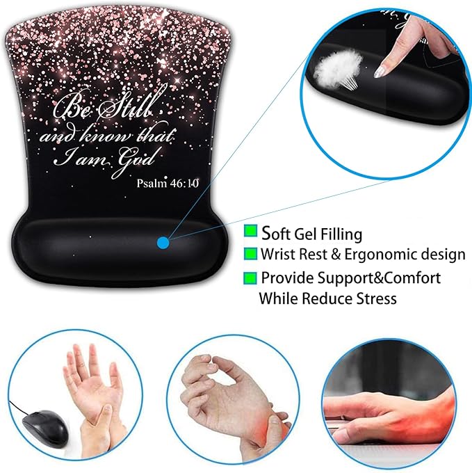 Keyboard Wrist Rest and Mouse Pad with Wrist Support Ergonomic Gel Mouse Pad and Coaster for Easy Typing Pain Relief Memory Foam Keyboard Wrist RestPsalm 46-10 Rose Gold Glitter Black Mousepads