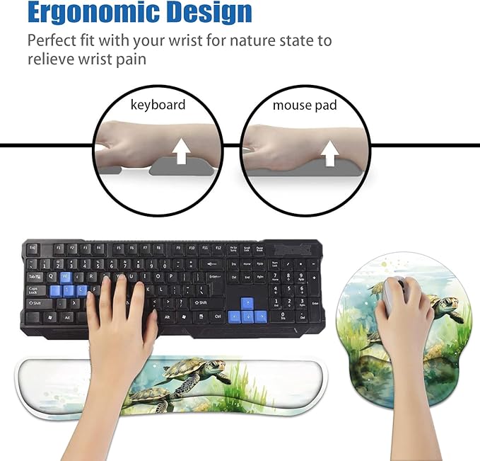 Keyboard Wrist Rest and Mouse Pad Wrist Support Set with Coasters Non-Slip PU Base Ergonomic Gaming Mousepad for Home Office Working Studying Easy Typing &amp Pain Relief - Sea Turtle