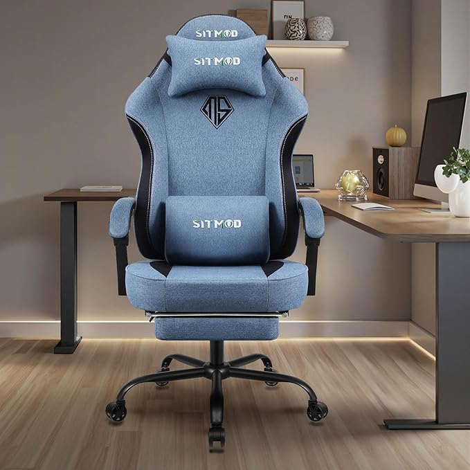 Gaming Chair Video Gaming Chairs for Adults Fabric Comfortable Computer Chair with Footrest Pocket Spring Cushion High Back Ergonomic Gamer Chair with 360° Swivel Seat for Office (Blue)
