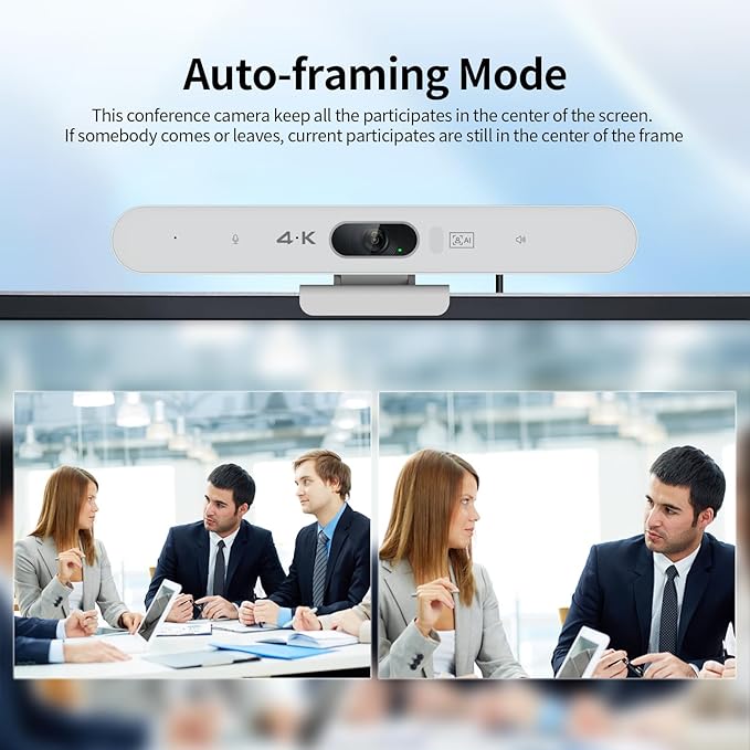 4K All-in-One Video Bar USB Video Conference System 4K 8MP Conference Camera &amp Hi-Fi Speaker &amp 2 Noise-reducing Mics Auto Framing &amp Speaker Tracking 94°FOV Auto Light Correction Plug
