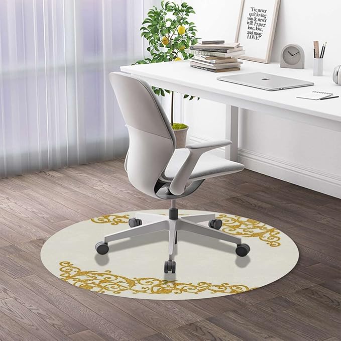 White Gold PU Leather Round Desk Chair Mat Curved Flower Lines Office Chair Mat for Hardwood Floors Premium Floor Protector Chair Mat Desk Rug for Home Office Baroque Side Frame Diameter 39.4 in
