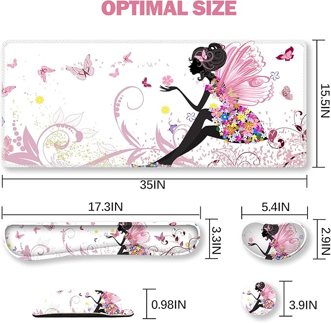 ARTSO Extended Gaming Mouse Pad Set Keyboard Wrist Rest Support Pad + Wrist Cushion + XXL Large Mouse Pad + Coaster Stitched Edge Non-Slip Memory Foam Desk Mat Pink Butterfly Girl