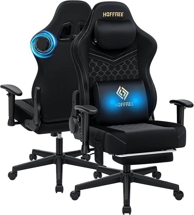 HOFFREE Gaming Chair Suede Fabric with Speakers Massage Gaming Chairs with Pocket Spring Cushion 165° Reclining Computer Office Chair for Adults Ergonomic Computer Chair with Footrest Black