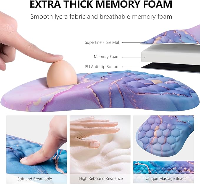 Mouse Pad Wrist Support Laokiiy 2 in1 Keyboard Wrist Rest+ Ergonomic Mouse Pad Non-Slip Wrist Rest for Computer Keyboard Made Easy Typing &amp Relieve Wrist Pain(Blue Pink Marble)