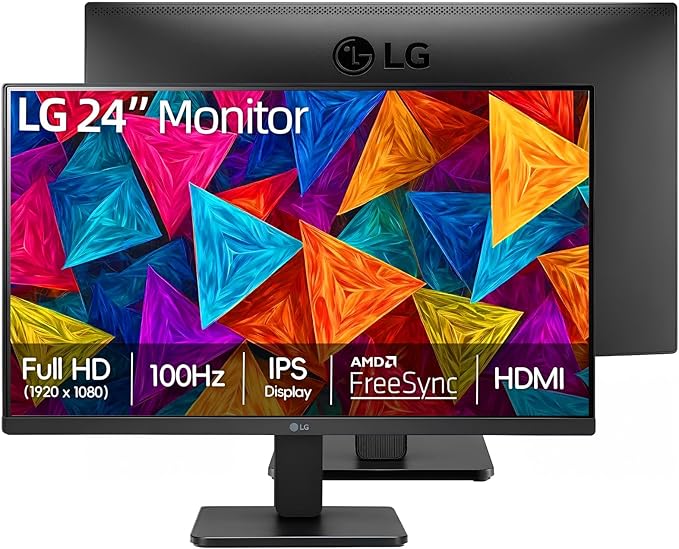 LG 24 FHD (1920 x 1080) IPS Monitor 100Hz Refresh Rate 99% sRGB AMD FreeSync 3-Side Borderless Anti Glare Tilt Adjustable HDMI VESA Mountable for Gaming and Office