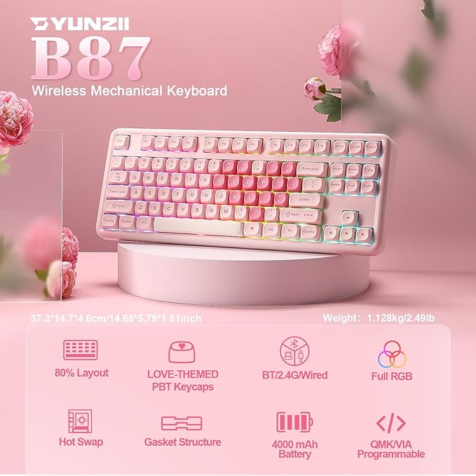 YUNZII B87 Wireless Mechanical KeyboardQMK/VIA ProgrammableTKL Layout 87 KeysBT/2.4G/USB-CHot Swap Gasket Mount RGB Backlit Gaming with Wrist Rest for Win/Mac (Pink Milk V2)