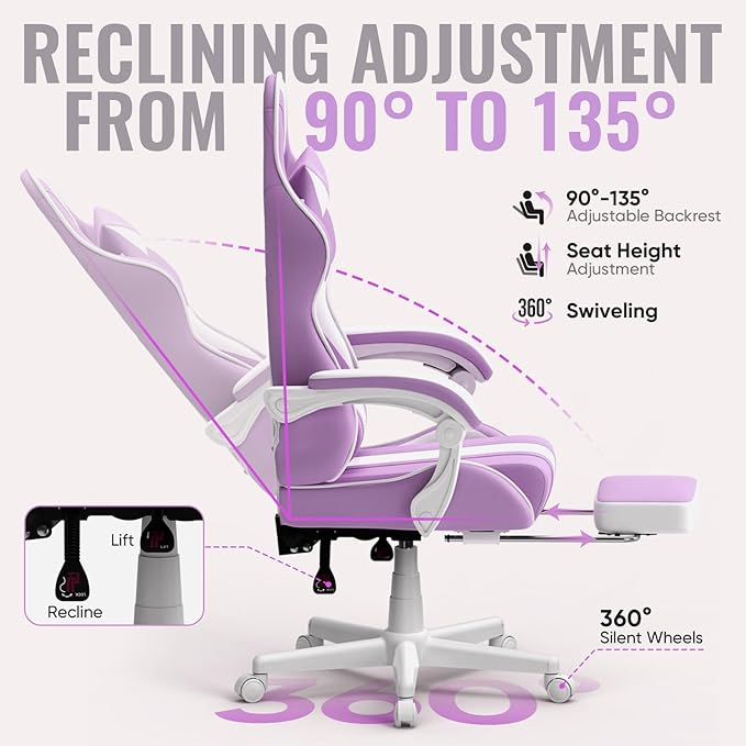 Ferghana Gaming Chairs Ergonomic Racing Style PC Game Computer Chair with Headrest Lumbar Support Adjustable Recliner PU Leather Video Computer Chair(Light Purple)